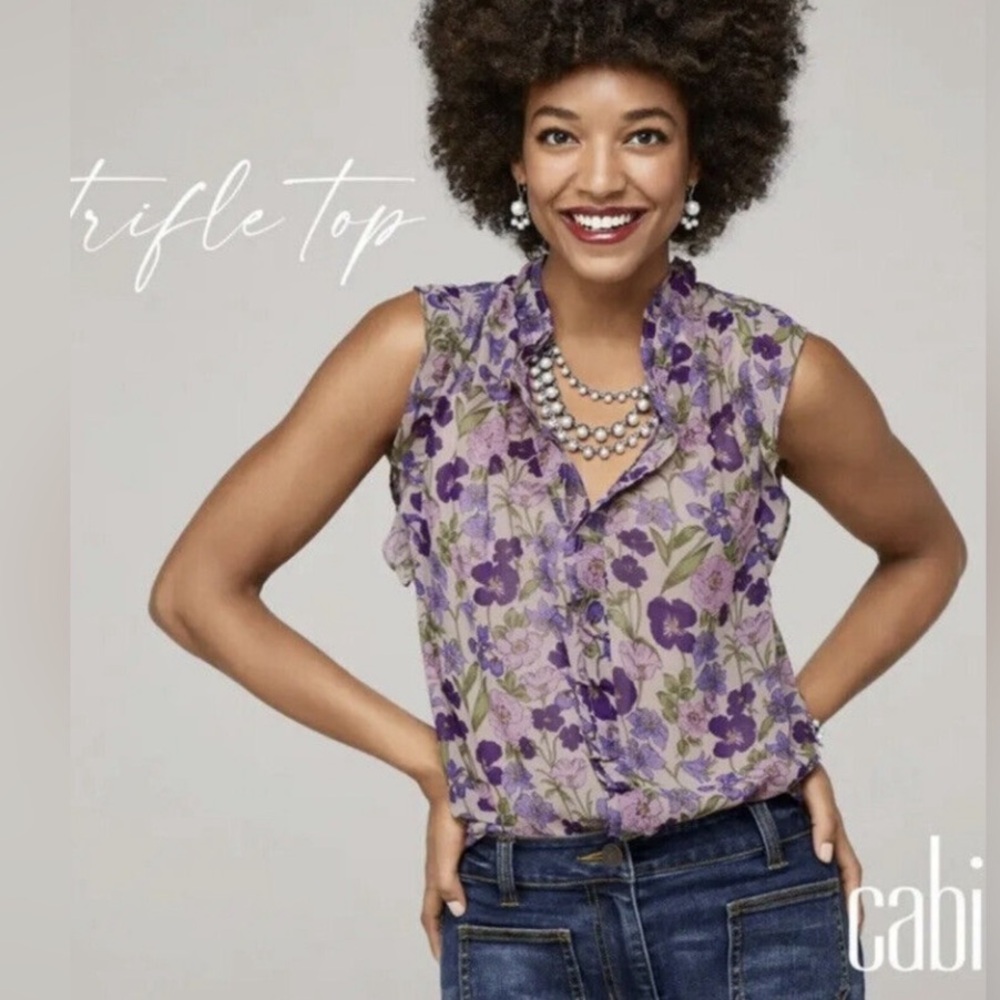 Cabi floral sleeveless blouse in shades of purples - size medium - sheer ruffles